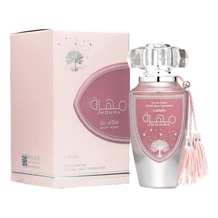 Mohra Silky Rose by Lattafa, bottle and box